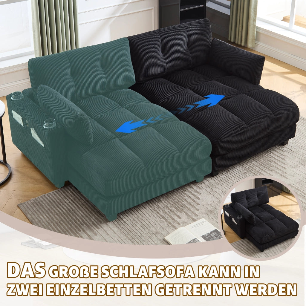 DIVANO 2 posti modulare 224x140x81 cm in corduroy nero con USB e cuscini