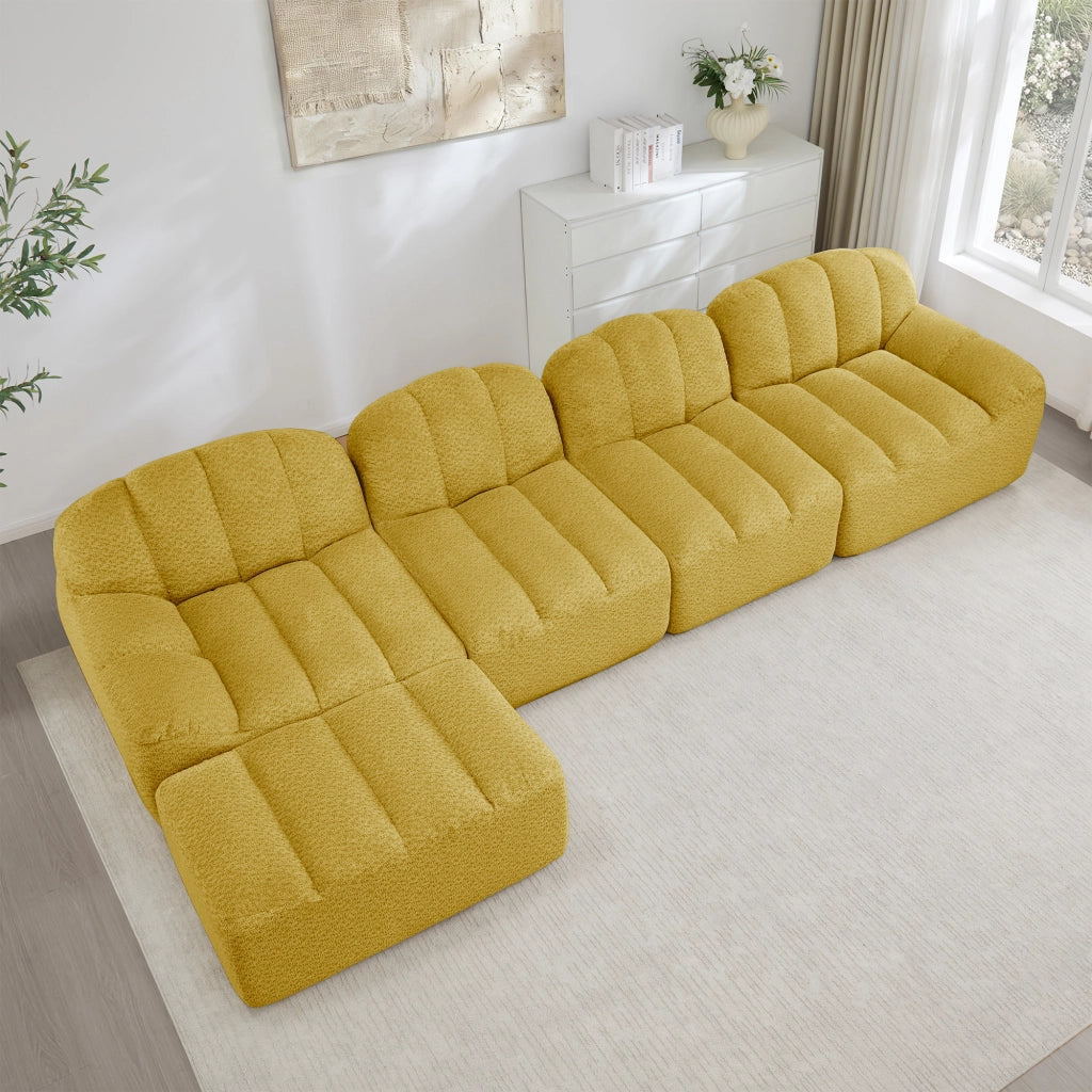 Divano modulare a 4 posti con pouf - Zephmum- Schiuma 32D, seduta profonda, guscio, tessuto morbido, giallo