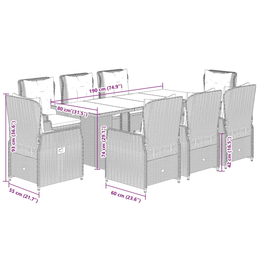 Set da Pranzo da Giardino 9 pz con Cuscini Nero in Polyrattan 3262778