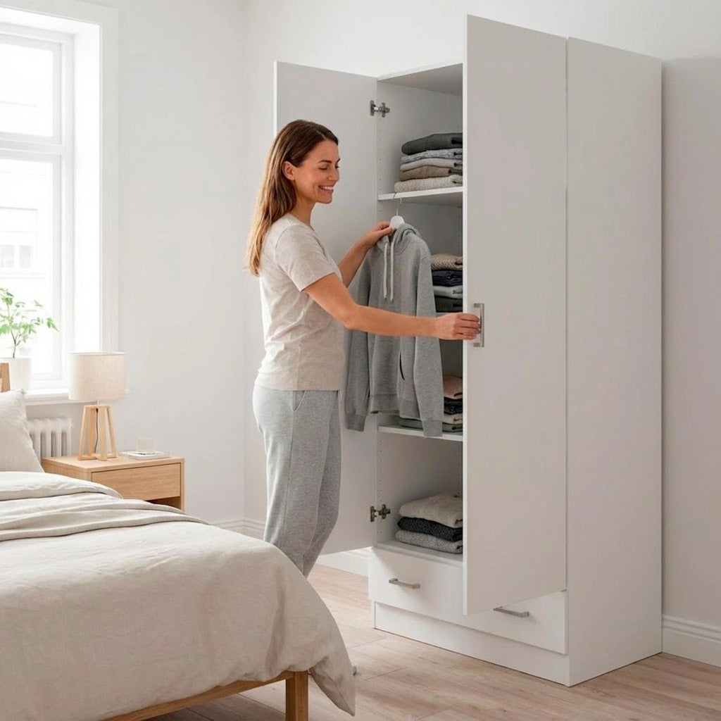 Armadio Multiuso Design Moderno Con 2 Ante E 1 Cassetto Salvaspazio Con Ripiani Interni E Vano Contenitore Per Camera Da Letto O Ingresso 79.4 X 35.7 X 170.4 Cm Bianco
