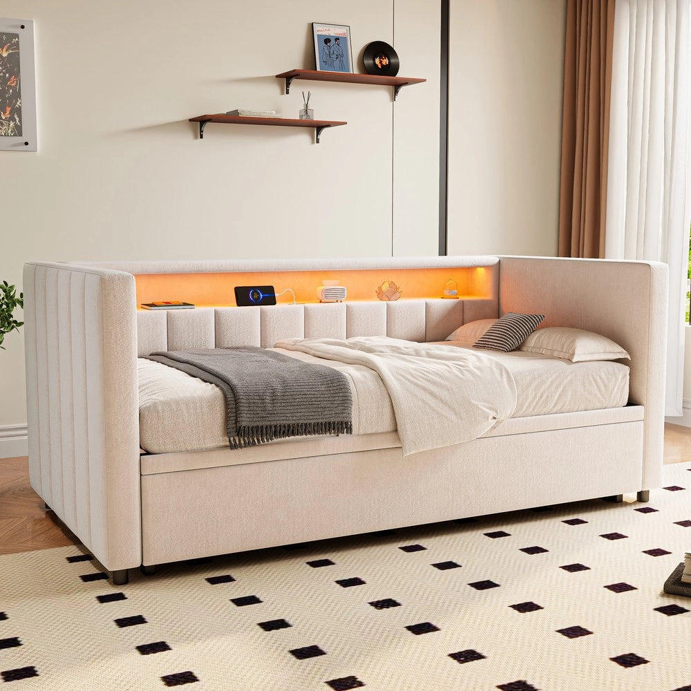 Divano Letto Contenitore 90x190 ¨C MINIMAL ¨C Velluto Beige, LED, USB