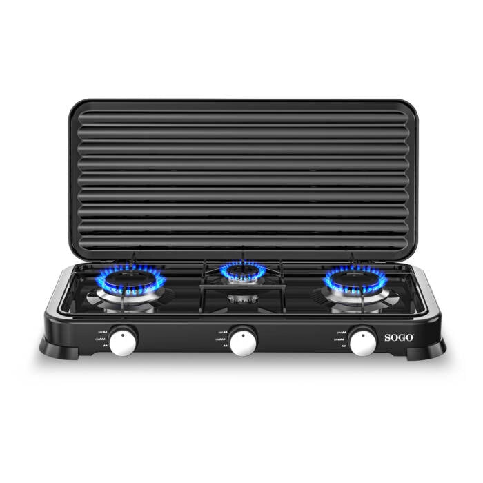Fornello a gas 3 fuochi GPL da esterno 5,4 kW, piano smaltato con regolazione fiamma e supporti pentola - Sogo