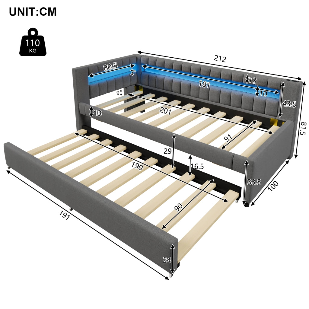 LETTO estraibile 90x200 cm in lino grigio, con LED e USB + Type-C