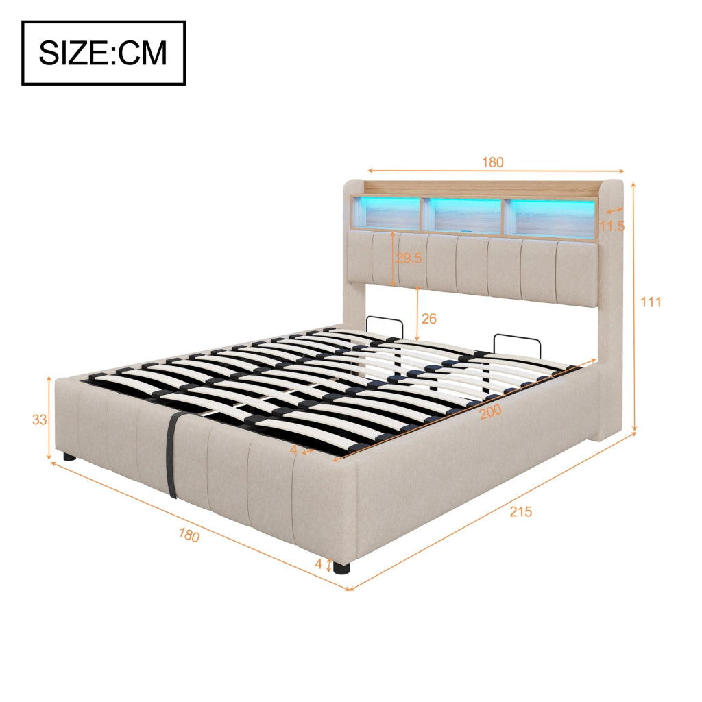 LETTO Imbottito 180x200 cm Beige con LED, USB e contenitore