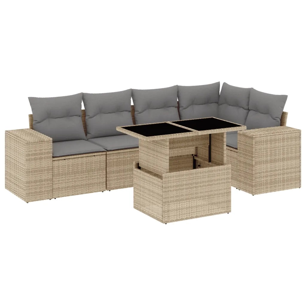 Set Divano da Giardino 6 pz con Cuscini Beige in Polyrattan