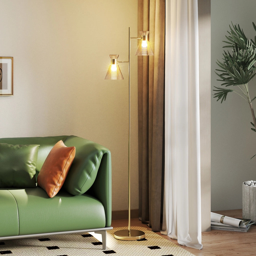 Lampada da Terra Moderna 2 Luci ¨C Xylo ¨C Oro, Teste Regolabili, Interruttore a Pedale