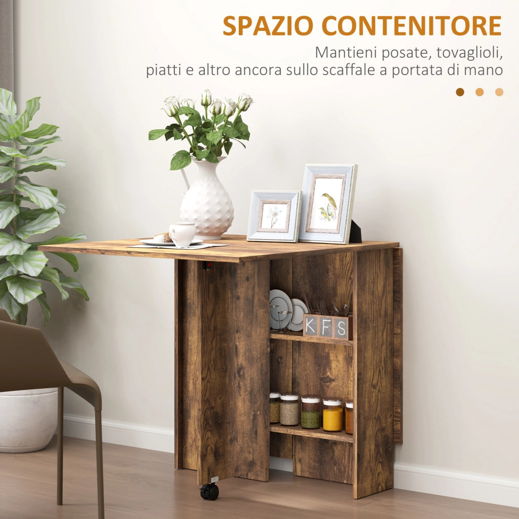 Tavolo da Pranzo Pieghevole a Ribalta 140x75x74 cm per 6 Persone con 2 Ripiani in Melamina Marrone Rustico