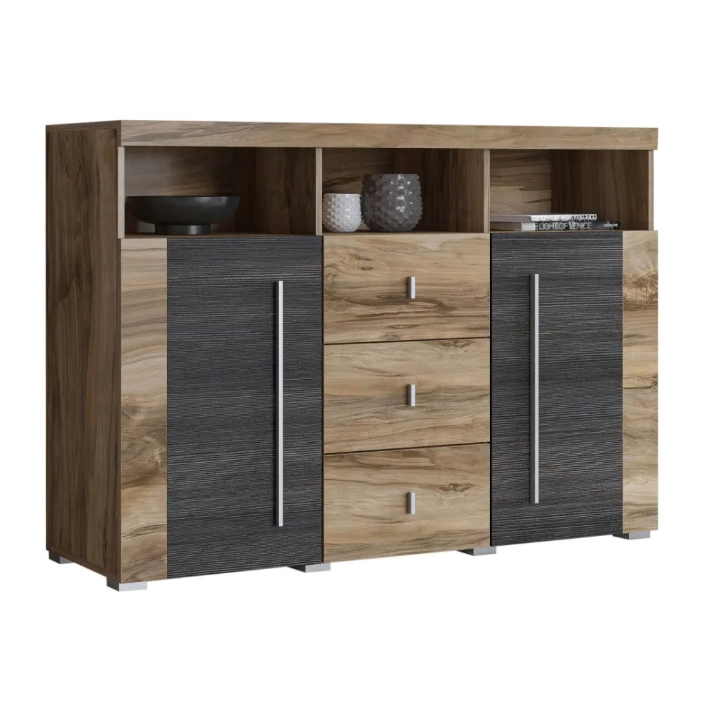 Buffet BRAZZA 4 porte – Ampio spazio in noce satinato – Nicchie decorative – 182 cm