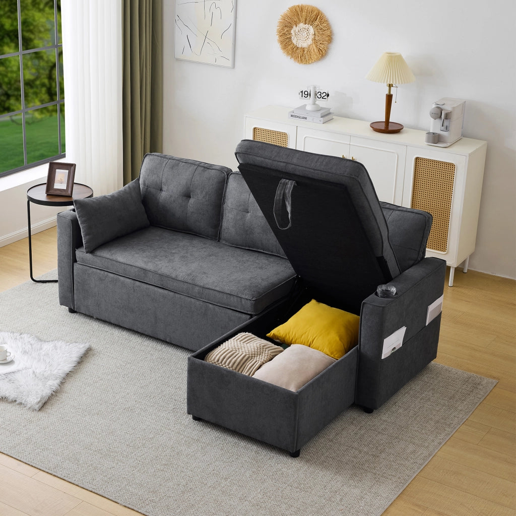 Divano letto L - Zephmum - Design moderno, bracciolo con portabicchieri, stoccaggio