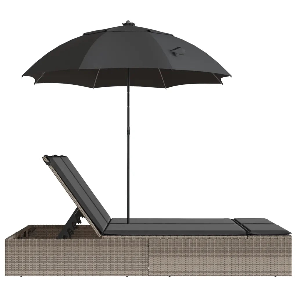 Lettino Prendisole Doppio Cuscini e Parasole Grigio Polyrattan 368083