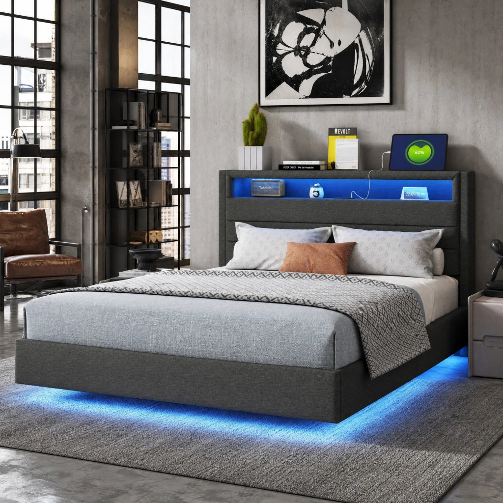 Letto imbottito 140x200 cm grigio con presa USB, luci LED e testiera reversibile