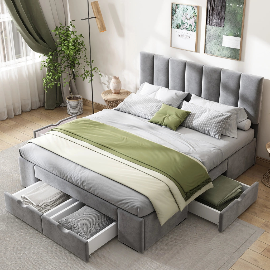 LETTO Imbottito 140x200 cm in velluto grigio con 4 cassetti