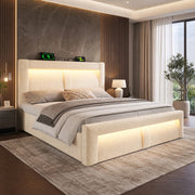 LETTO matrimoniale 180x200 cm con contenitore, LED, USB e Type-C, velluto beige