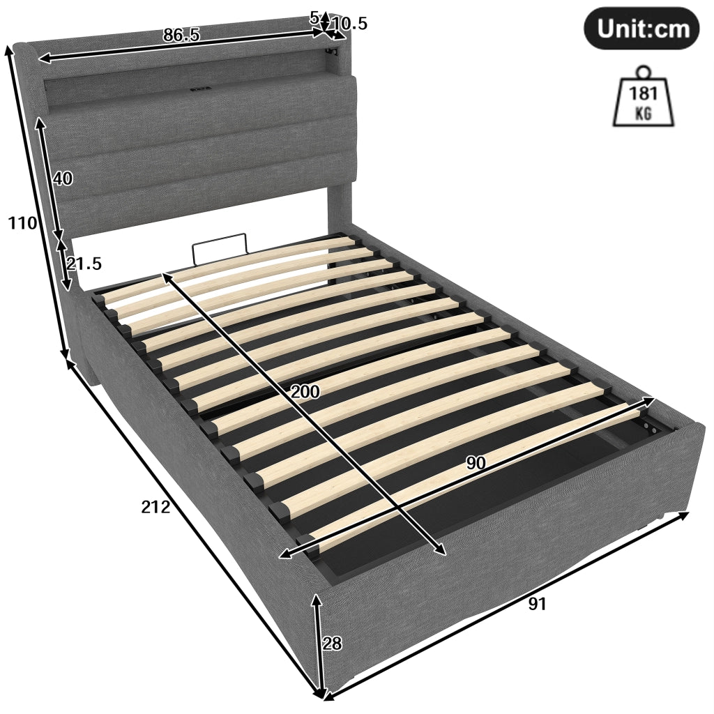 LETTO Contenitore 90x200 cm in Lino Grigio con LED, USB e Type-C