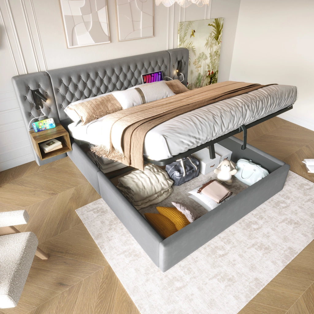 LETTO Contenitore 160x200 cm in Velluto Grigio con 2 Comodini