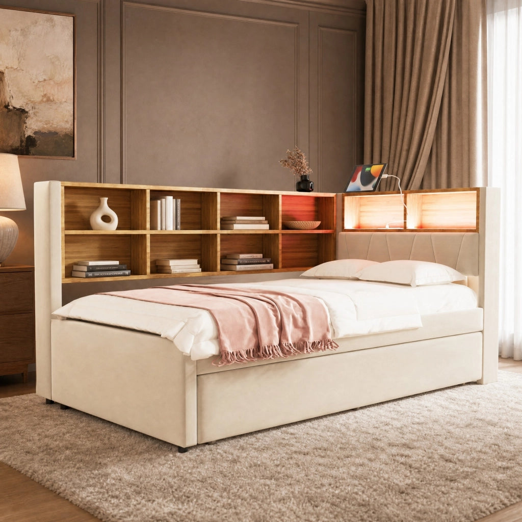 DIVANO LETTO Estraibile 90x200 cm Flanella Beige con LED e prese