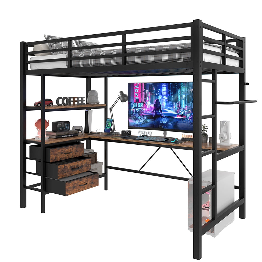 Letto a soppalco - Xylo - 90x200 cm LED 3 cassetti nero