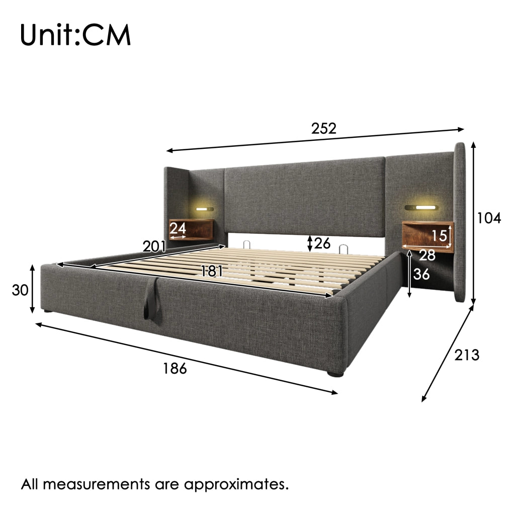 LETTO Contenitore 180x200 cm Grigio in Lino con USB e Lampada da Lettura