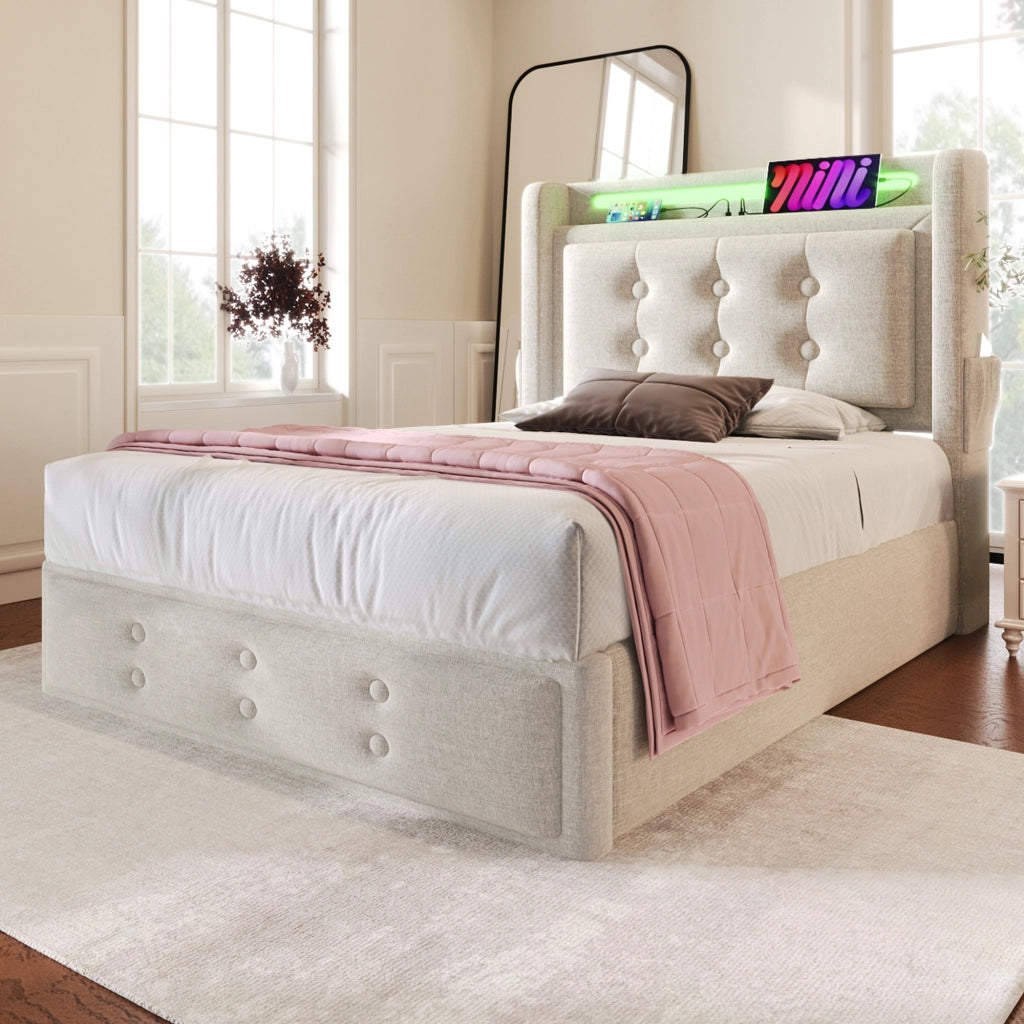 LETTO 90x200 cm Beige in cotone-lino con LED, prese, USB e Type C