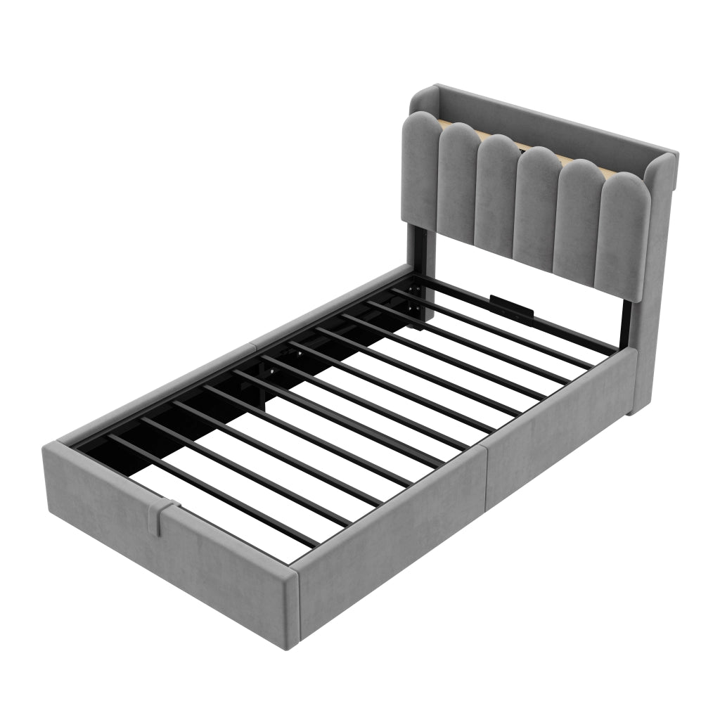 Letto singolo imbottito per bambini 90x200 cm con contenitore, doghe incluse, USB/Type-C e luce, velluto grigio