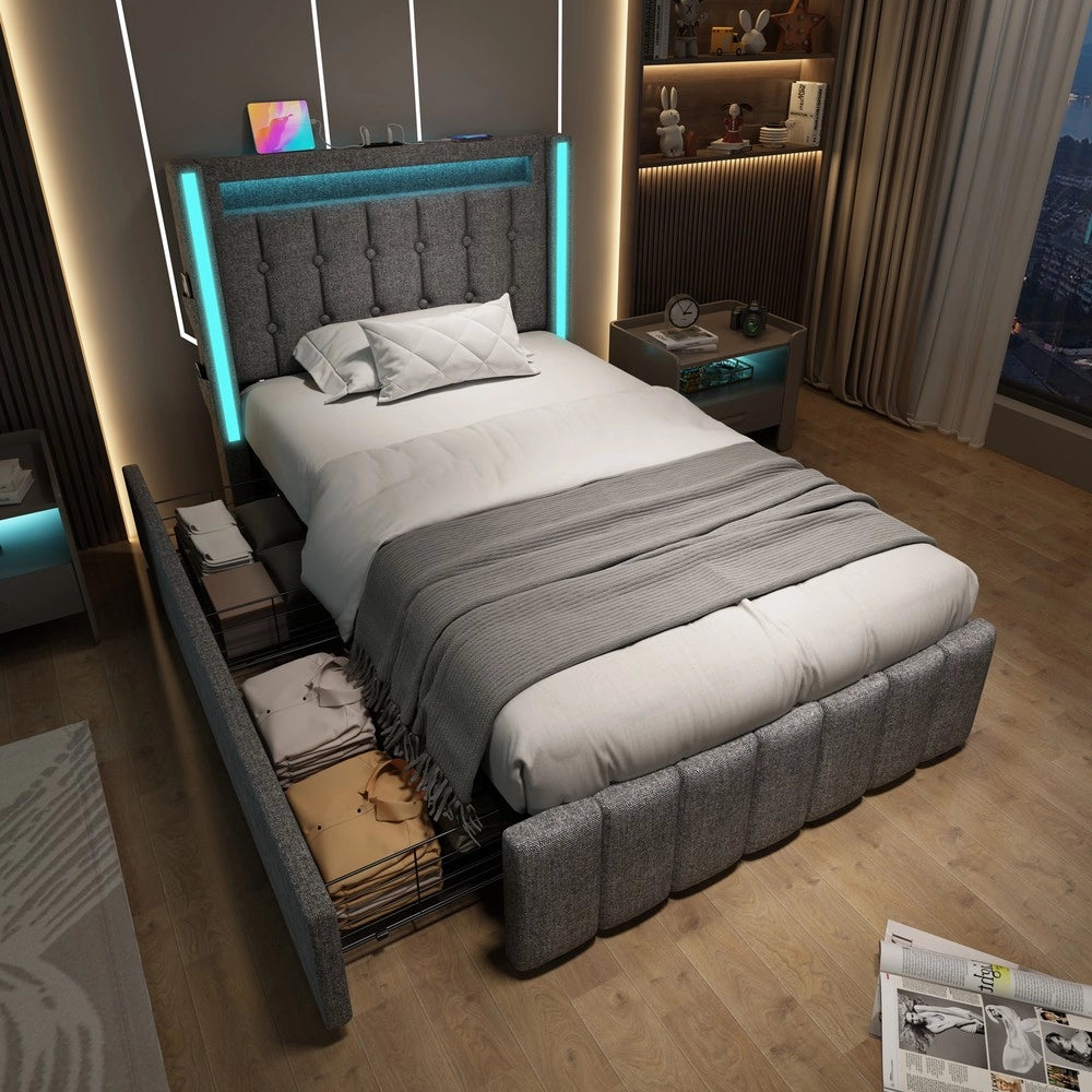 Letto Imbottito con LED, USB e 2 Cassetti ¨C MINIMAL ¨C Grigio 90x200 Singolo