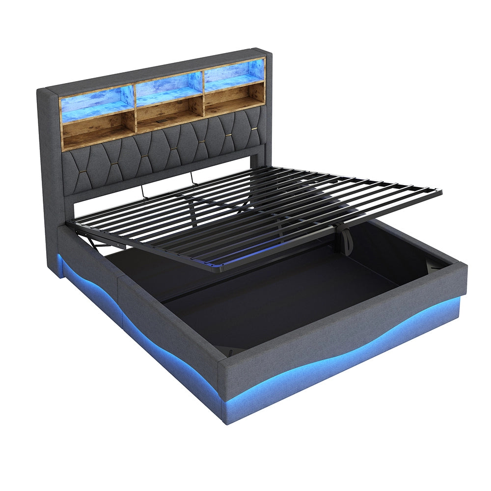 Letto-Xylo-180x200 cm-LED app, USB, metallo, lino grigio