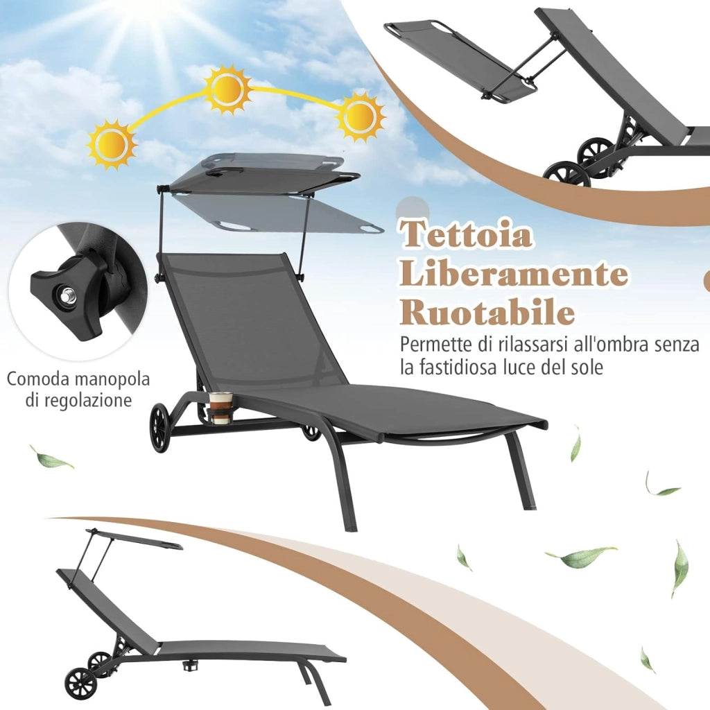 Lettino Prendisole da Giardino, Sdraio Reclinabile con Ruote Tettuccio, con Schienale Regolabile in 6 Livelli, Lettino da Giardino con Portabicchieri a Scomparsa, Portata 150 kg (1, Grigio)