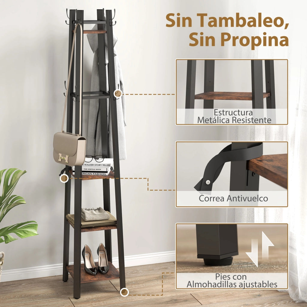 Appendiabiti da Terra con 4 Ripiani e 8 Ganci ¨C Minimal ¨C Marrone Metallo