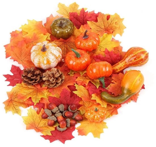 Set di Zucche Artificiali - 8 Diverse Zucche - 30 Foglie di Quercia - 10 Noci - 2 Pigne di Pino - Decorazione Autunnale