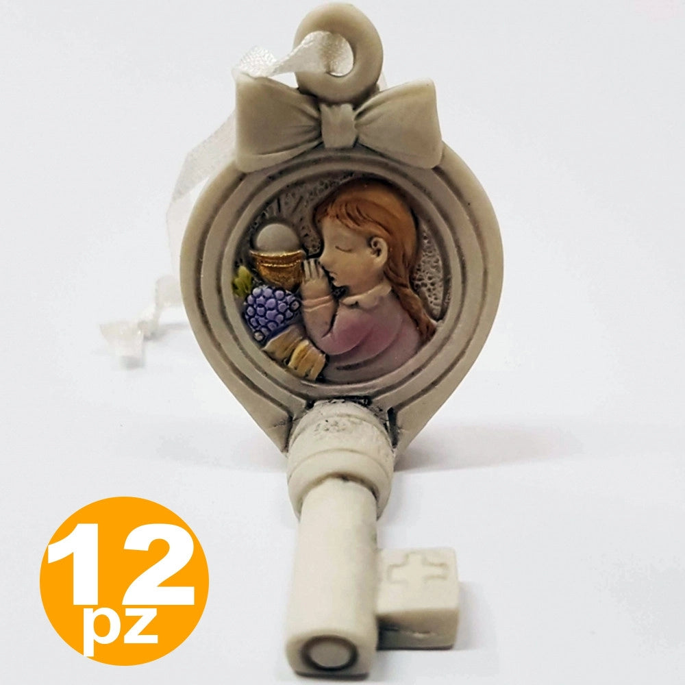 Trade Shop - Set Bomboniera Chiave Fiocco Gancio Comunione Bambina Sacra Eucarestia Ceramica -