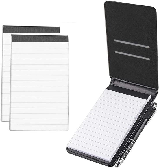 Blocchetto compatto con penna - 3 pezzi - nero - PU-carta - A7
