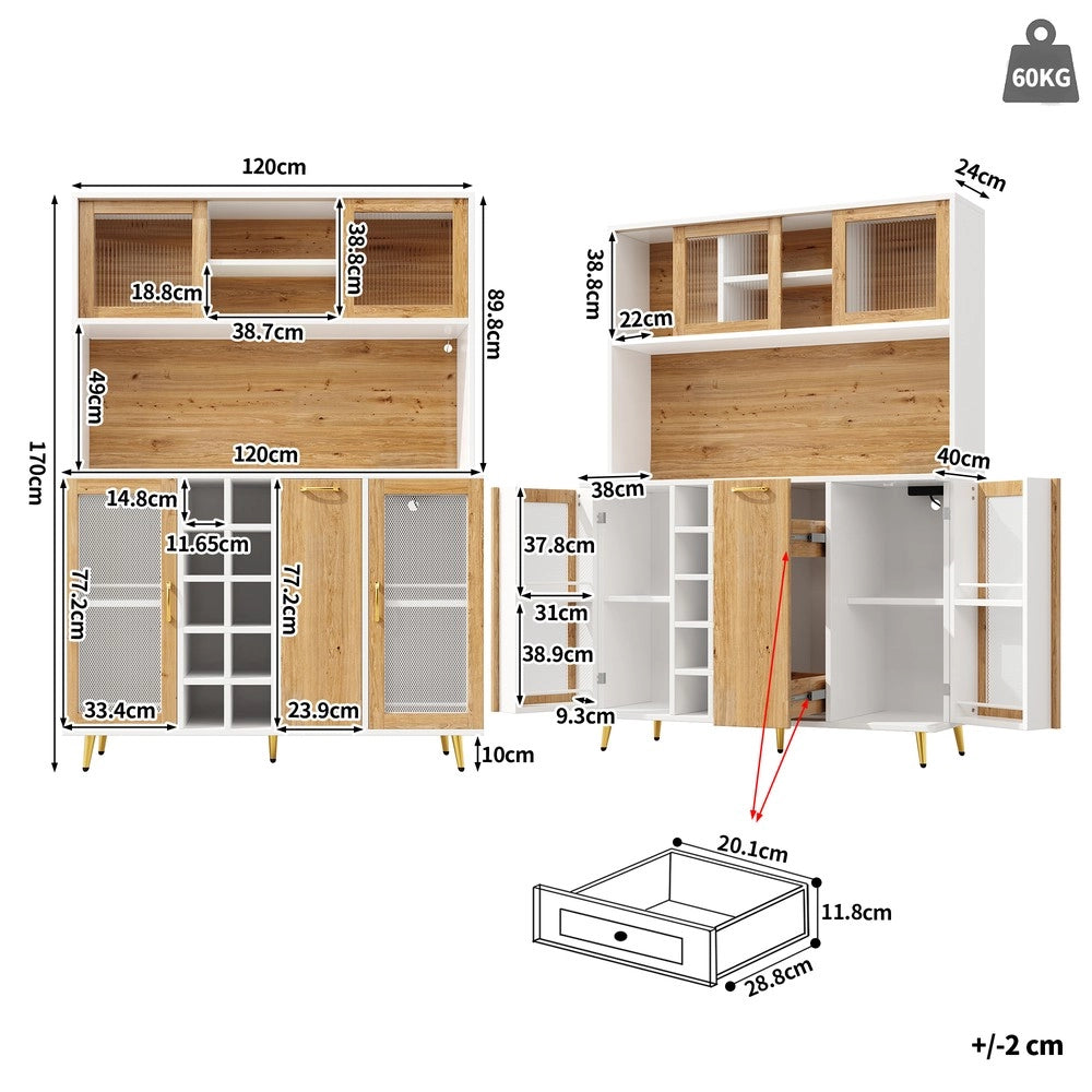 Mobile Buffet con LED ¨C Xylo ¨C Bianco con Effetto Legno, 5 Ante, Cantinetta, 120x40x170