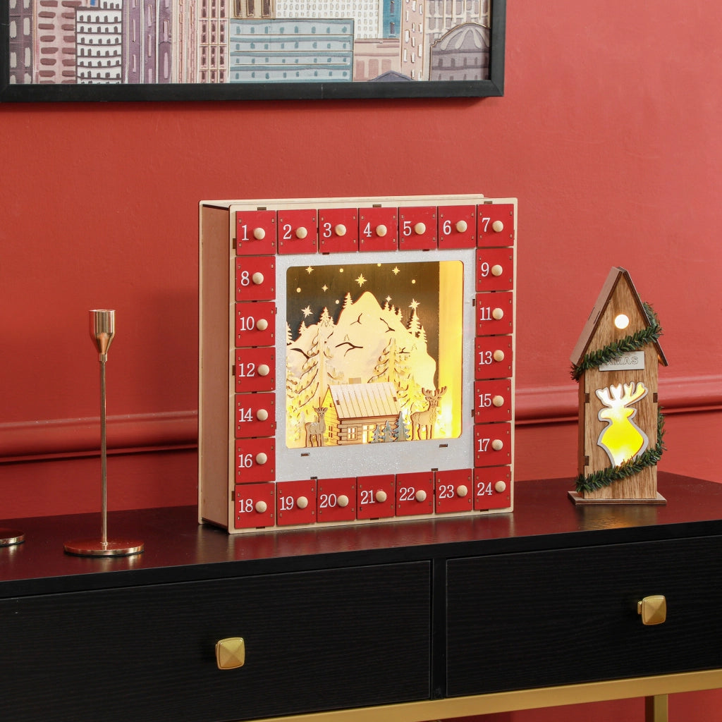 Calendario dell'Avvento LED ¨C Minimal ¨C Legno, Rosso, 24 Cassetti