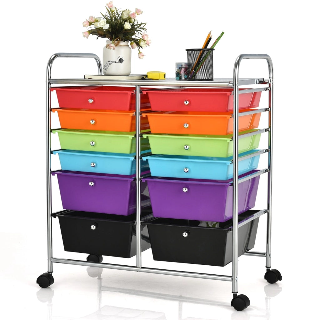 Carrello con 12 cassetti in plastica da ufficio e domestico, Carrello multiuso 64x38x75cm Colorato-Armadi da ufficio
