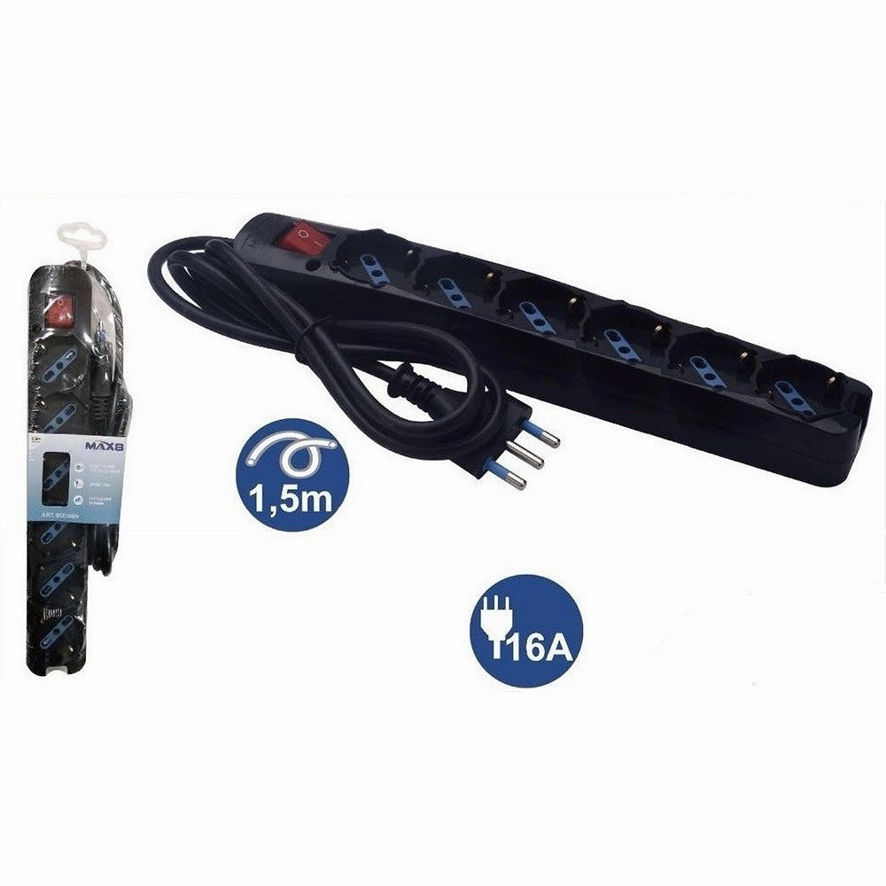 Trade Shop - Multipresa 6 Uscite Universali Schuko Bipasso Spina 16a Cavo 1.5 Mt Nero 80098n -