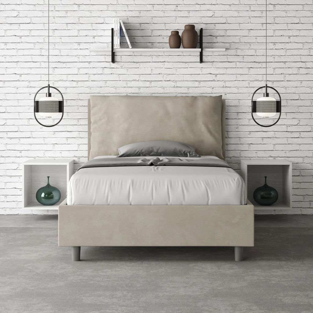BS COM Letto una piazza e mezza contenitore imbottito 130x190 microfibra sabbia Large