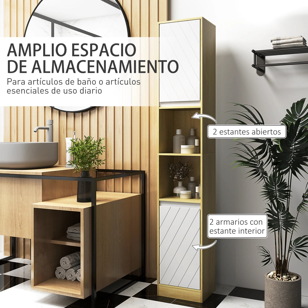 Colonna Bagno Stretto con 2 Ante e Ripiani Aperti ¨C Zephmum ¨C Rovere Bianco 30x24x170 cm