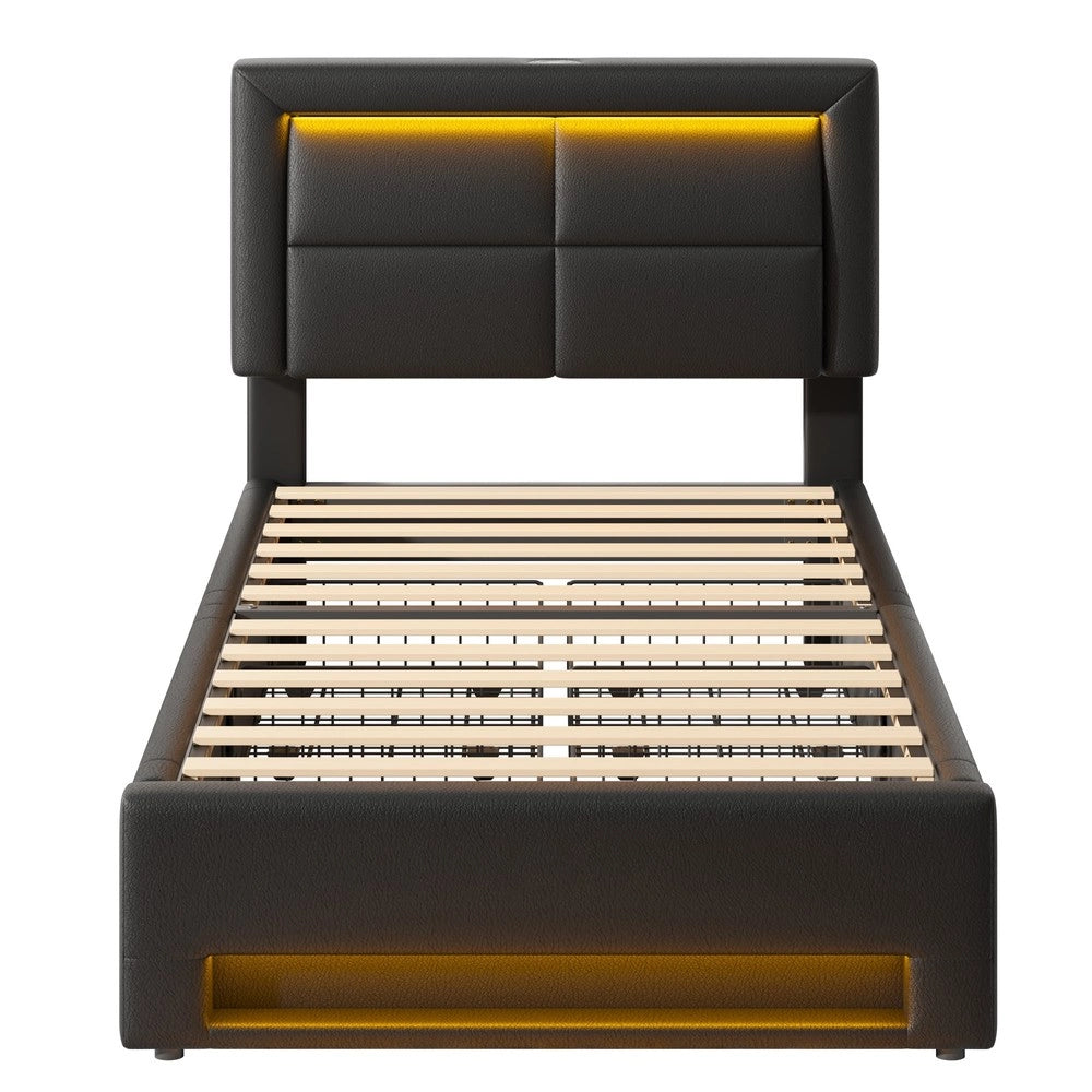 Letto Imbottito con LED e Cassetti ¨C MINIMAL ¨C Similpelle Nero 90x200