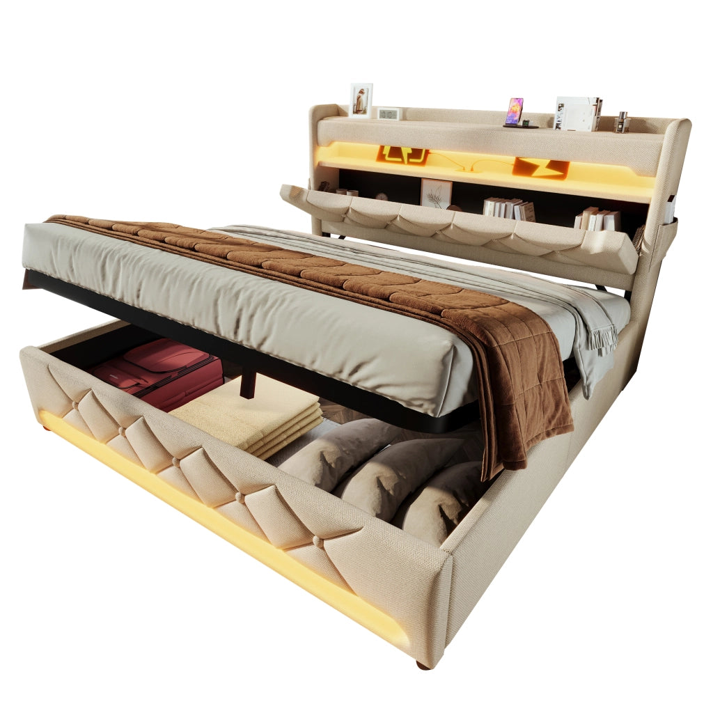 Letto Contenitore Imbottito Matrimoniale con LED e USB ¨C MINIMAL ¨C Beige 140x190