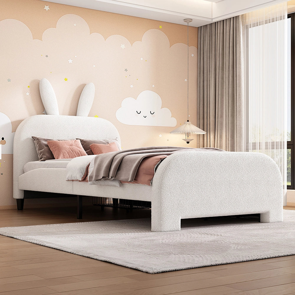 Letto per bambini con cassetto - Xylo - 90x200 cm - Bianco - Lana di pecora resistente forma coniglio cartoon