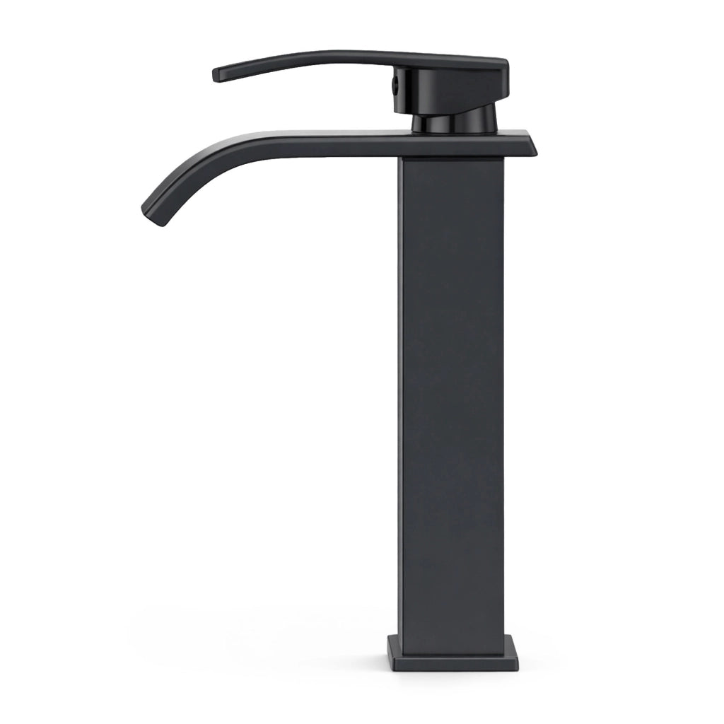 Rubinetto lavabo alto a cascata nero da appoggio miscelatore bagno EVIO