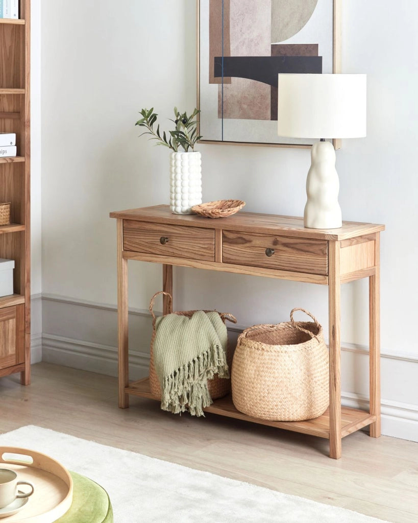 Consolle decorativa con 2 cassetti in legno chiaro stile rustico