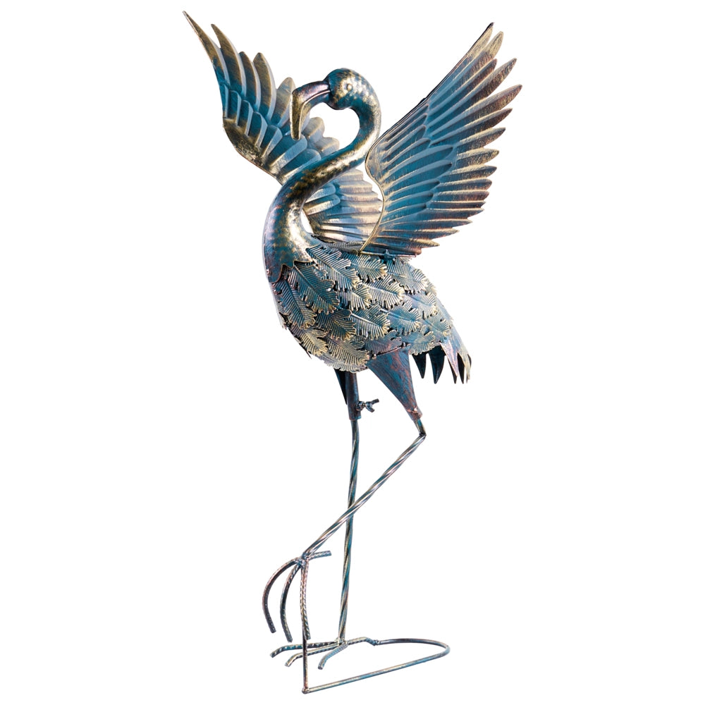 Statua da giardino in ferro blu, scultura di fenicottero a grandezza naturale, realizzata a mano
