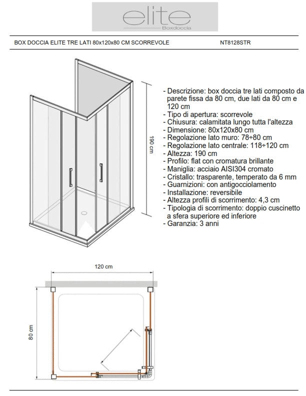 Box Doccia Elite Tre Lati 80x120x80 Cm Scorrevole Opaco