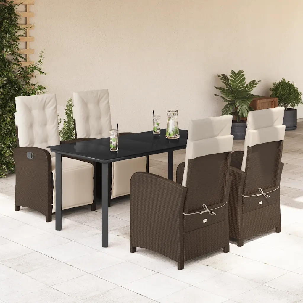 Set da Pranzo da Giardino 5pz con Cuscini in Polyrattan Marrone