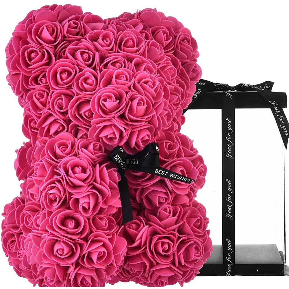 Trade Shop - Orsacchiotto Orsetto Orso Di Rose Con Fiori Artificiali Da 25cm San Valentino - Rosa