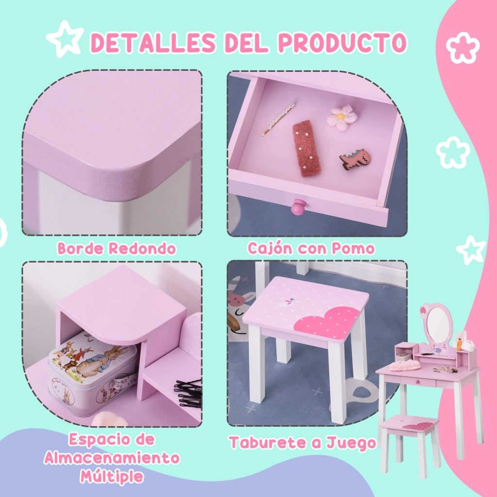 Tocador con Specchio e Sgabello per Bambini ¨C Minimal ¨C Rosa 60x34x93 cm