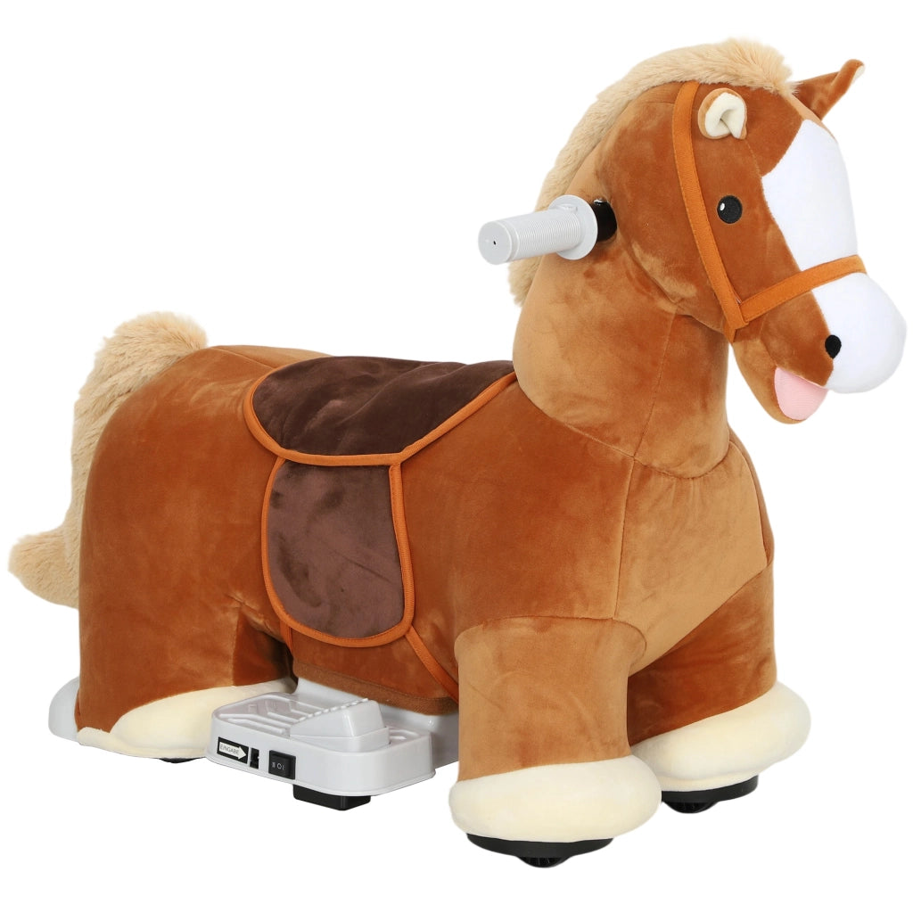 Cavallo Elettrico per Bambini 74x34x51 cm con Pedali Rotelle e Suoni in Peluche e Metallo Marrone