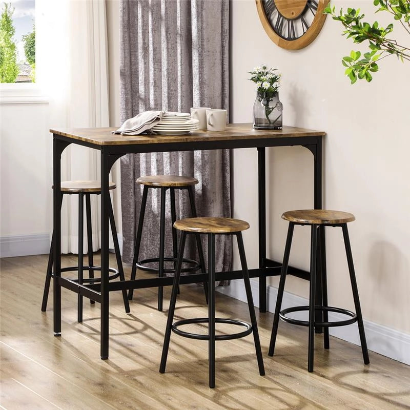SET DA BAR 5 PEZZI CON TAVOLO ALTO E 4 SGABELLI STILE INDUSTRIALE, MARRONE E NERO