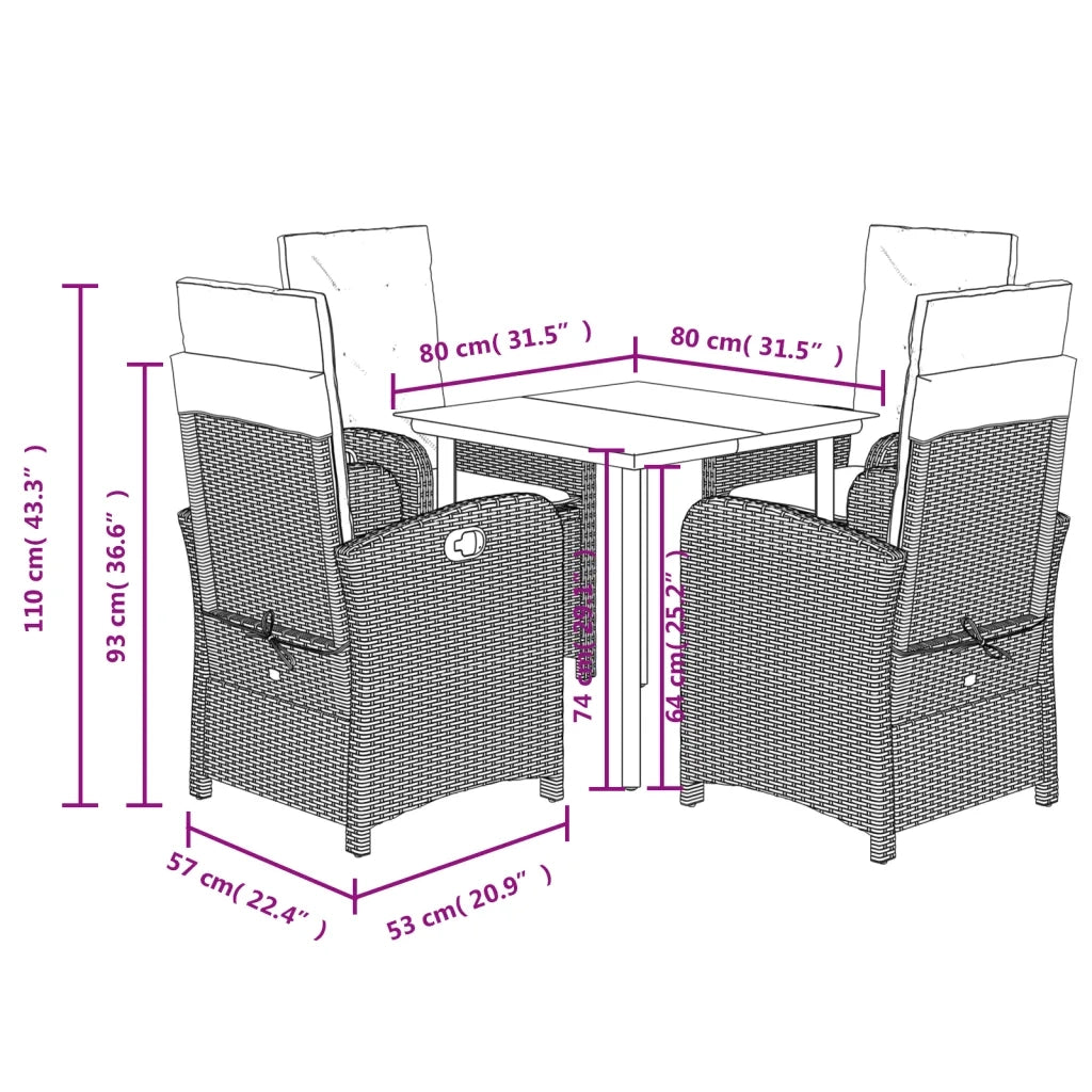 Set da Pranzo da Giardino 5 pz Nero con Cuscini in Polyrattan 3212321